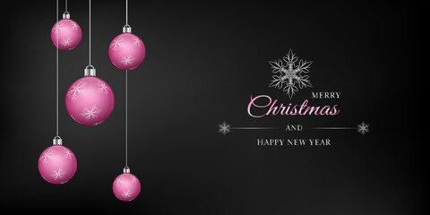 Black elegant festive vector illustration. Merry Christmas greeting card. Hanging pink bauble with white snowflake decoration.