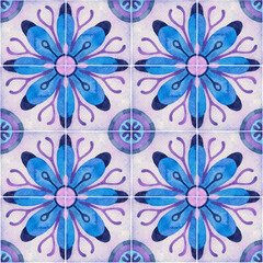 Watercolor seamless ceramic tiles pattern. Square vintage hand-drawn ornament.