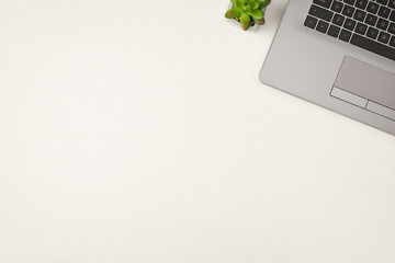 Top view photo of laptop and flowerpot on isolated white wooden table background with copyspace