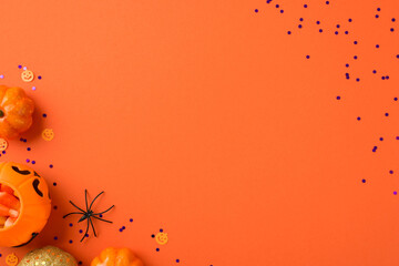 Top view photo of halloween decorations pumpkin basket with candy corn spider orange and golden small pumpkins silhouettes and violet sequins on isolated orange background with copyspace