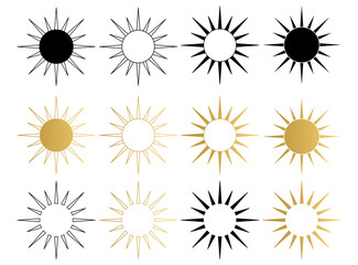 Various abstract sun. Set of boho sun icons. Golden gradient color. Wicca, alchemy, mystical, magic, celestial, esoteric, sacred, spiritual, occultism inspired concept. Hand drawn vector.