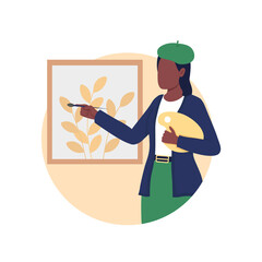 Artist painting 2D vector isolated illustration. Creative hobby. Woman drawing on canvas. Gallery exhibition of fine arts. Painter flat character on cartoon background. Creativity colourful scene