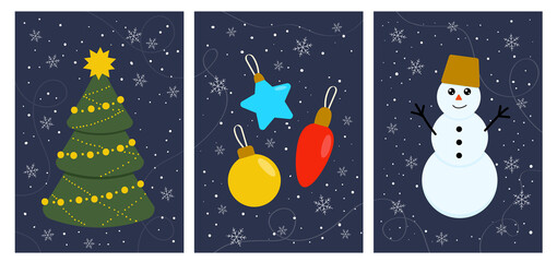Winter cards. Christmas tree. Snowman. Christmas decorations. Dark blue background. Winter items for design. Vector illustration.