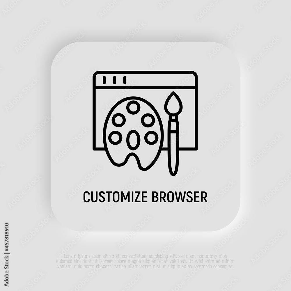 Wall mural customize browser thin line icon, web page with paint palette and brush. modern vector illustration.