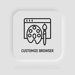 Customize browser thin line icon, web page with paint palette and brush. Modern vector illustration.