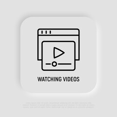 Watching video thin line icon. Button play on web page. Vector illustration.