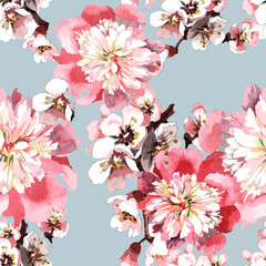 Pink peonies and apricot flowers branches watercolor on light turquoise background seamless pattern for all prints.