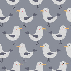 Seamless pattern with cute seagulls. Birds on a gray background. Vector illustration. Suitable for printing on fabric, wallpaper, wrapping paper.