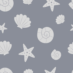 Seashells, starfish on a gray background. Seamless marine pattern. Underwater world. Vector illustration