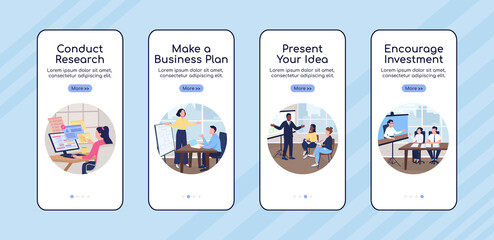 Business project development onboarding mobile app screen flat vector template. Walkthrough website 4 steps with characters. Creative UX, UI, GUI smartphone cartoon interface, case prints set © IMGvisualsCharacters