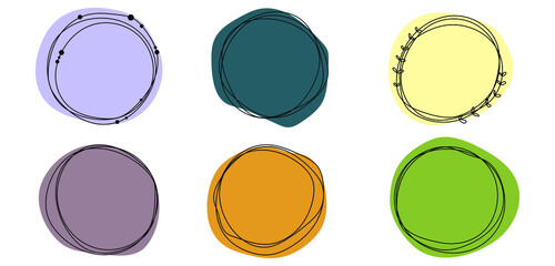 Abstract doodle frames colorful set hand drawn. Cute round lines with leaves, circles, plant collection.