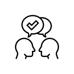 Communication and understanding each other thin line icon, two silhouettes of heads with speech bubbles with check mark. Social interaction. Modern vector illustration.