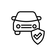 Car insurance thin line icon, car is protected by shield with check mark. Modern vector illustration.