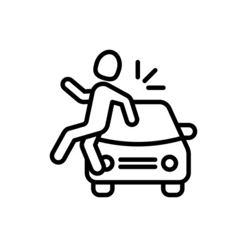 Fall accident thin line icon. Pedestrian is hitten by a car. Modern vector illustration of road safety.