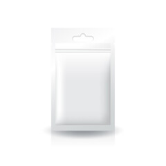 Blank white flat foil zip bag with hang hole for food, healthy or beauty product.