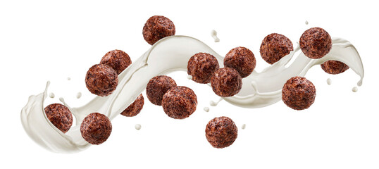 Falling chocolate corn balls isolated on white background