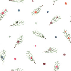 Christmas floral seamless pattern of scattered branches with colorful abstract berries, beads, watercolor print on white background, delicate illustration for textile, wallpaper or wrapping paper.