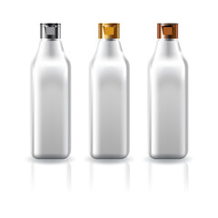 Blank clear square cosmetic bottle with silver-gold-copper cap lid for beauty or healthy product.