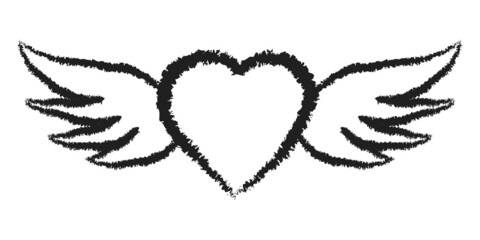 Flying angel heart with wings symbol love hand drawn ink inscriptions