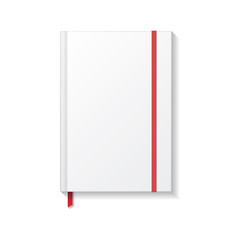 Blank white book or notebook with red elastic and ribbon bookmark top view mockup template.