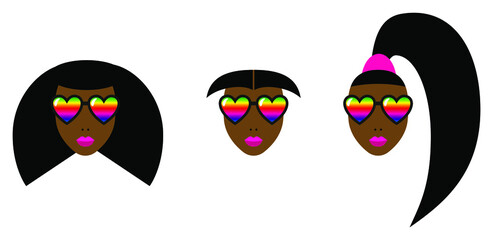 Fototapeta premium Beautiful african girls with different hairstylies and rainbow sunglasses set collection isolated icons. Vector illustration. LGBT, homosexuality, pride, freedom, diversity, equality concept.