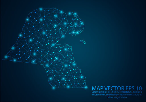 Abstract mash line and point scales on dark background with map of Kuwait.3D mesh polygonal network line, design sphere, dot and structure. Vector illustration eps 10.