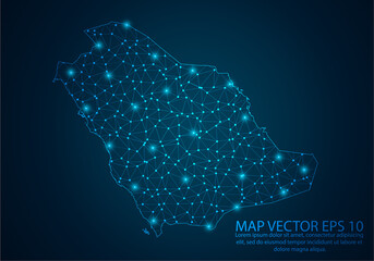 Abstract mash line and point scales on dark background with map of Saudi Arabia.3D mesh polygonal network line, design sphere, dot and structure. Vector illustration eps 10.