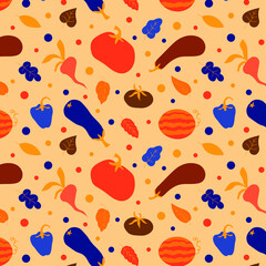 Colorful seamless pattern from vegetables and fruits. Vector illustration. Illustration in doodle style. Texture for printing on textiles and printing, for interior decoration.