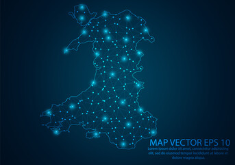 Abstract mash line and point scales on dark background with map of Wales.3D mesh polygonal network line, design sphere, dot and structure. Vector illustration eps 10.