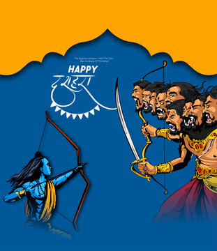 Greeting card of happy dusshera  illustration of Lord Rama giving blessing in Navratri festival of India happy Vijayadashami'. Vector illustration.