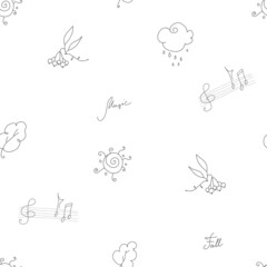 Seamless vector pattern - simple lines of rainy clouds, leaves, Fall, Music - lovely atmosphere.