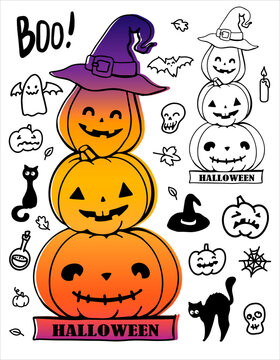 Funny pumpkins for Halloween. Illustration of cute pumpkins, shards, cats, cobwebs. Drawing black silhouettes pictures for Halloween.