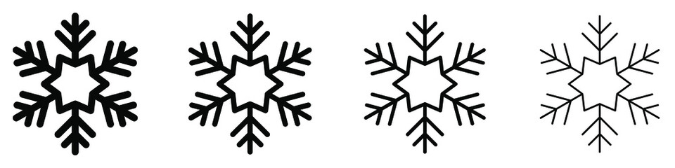 Snowflake icon. Set of black snowflakes with different line thickness. Snowflake in flat design. Vector illustration.