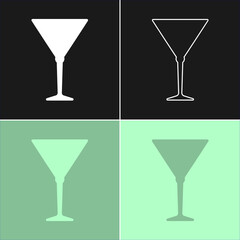 Glass martini. Four types of images. Contour line art in flat style. Silhouette wine glasses on a color background. Restaurant alcoholic illustration for celebration design. Beverage outline icon