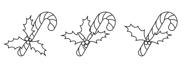Holly berry with candy cane. Set of black christmas icons. Gift icon in flat linear style. Vector illustration.