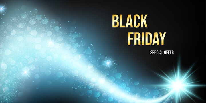 Black Friday Attention Grabbing Concept With Gold, White Label. Flying Light Blue Glow Star On Dark Background, With Sparkle. Marketing Design For Flyer, Cards, Promotion, Advert. Vector Illustration.