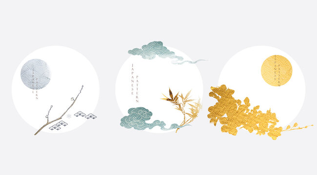 Japanese background with gold and blue texture vector. Cherry blossom flower branch, bamboo and chinese cloud decorations in vintage style. Art landscape icon and logo design.