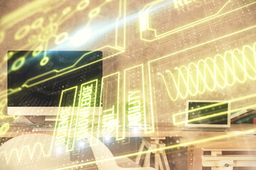 Double exposure of education theme drawing and office interior background. Concept of science.