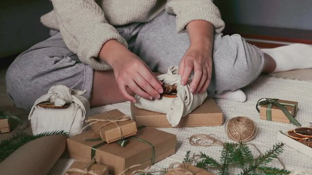 Christmas gift zero waste, eco friendly hand made box packaging gifts in kraft paper wooden table, eco christmas holiday concept, Christmas gift wrapping,eco decor banner