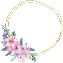 Watercolor gold wreath frame with delicate abstract flowers