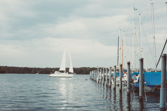 Barche a vela, regata nel lago berlinese Tegel See. Colori freddi invernali contrastati dal blu delle coperture delle barche.