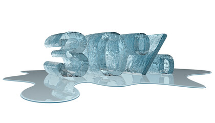Melting ice percent numbers on white backround,with ice water. Sale discount percent values.