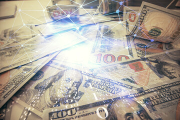 Double exposure of data theme drawing over us dollars bill background. Technology concept.