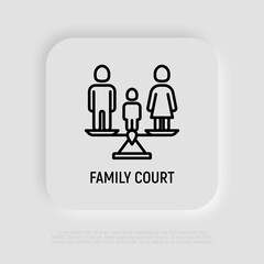 Family court thin line icon, parents on scales and child between them. Modern vector illustration of divorce.