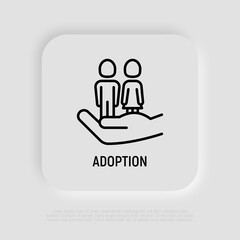Adoption thin line icon, boy and girl in human hand. Symbol of family protection and safety. Modern vector illustration for custody.