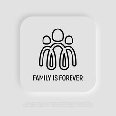 Family is forever, two parents and child symbol. Adoption, parenting logo in heart shape. Modern vector illustration.
