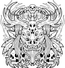 Wendigo evil spirit of the forest, outline illustration