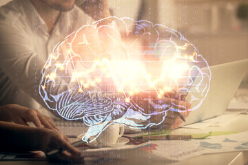 Double exposure of man and woman working together and brain drawing hologram. Intellectual brainstorming concept. Computer background.