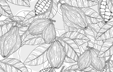 Vector seamless pattern of fruits and leaves of the cocoa tree. A tropical plant, a natural component for chocolate. Black and white illustration with lines for decor, fabric, wallpaper, packaging