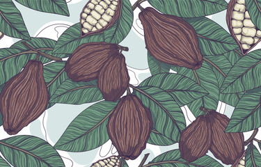Vector seamless pattern of fruits and leaves of the cocoa tree. A tropical plant, a natural component for chocolate. Vintage-style illustrations for decor, fabric, wallpaper or packaging